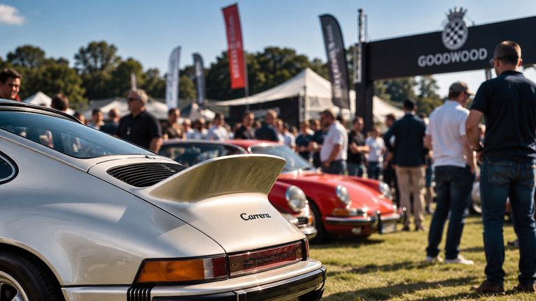 A pale classic sports car parked on grass at an outdoor motoring event, with a red classic car, marquees, flags and visitors behind it.