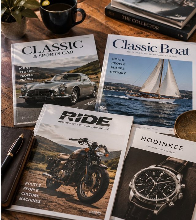 Several specialist magazines about cars, boats, motorcycles and watches spread across a wooden table beside a notebook, pen and cup of tea.
