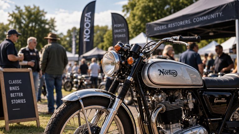 A silver and black classic motorcycle at an outdoor club gathering, with people talking, banners, a chalkboard sign and marquees behind it.