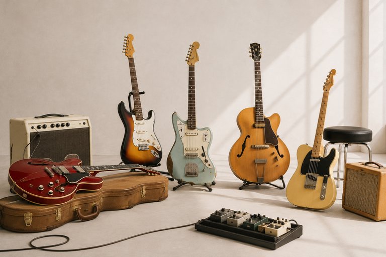 Several electric guitars on stands in a bright room, with a red guitar resting on its case, two small amplifiers and a pedalboard.