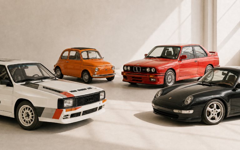 Five classic cars parked together in a bright studio, including a white rally car, a small orange city car, a red saloon and a black sports coupe.