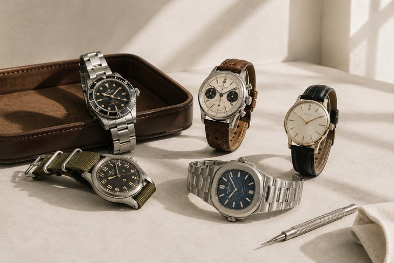 Six mechanical wristwatches on steel, leather and fabric straps, laid out beside a leather tray on a pale surface.