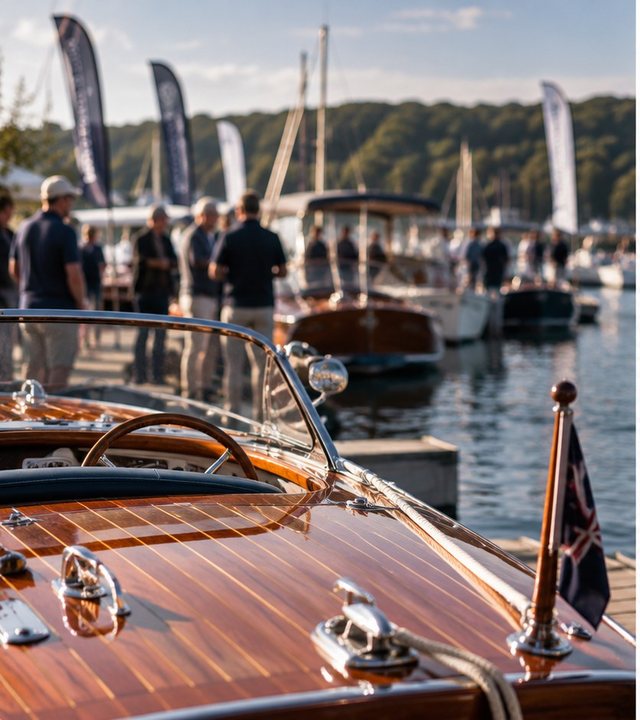 The polished wooden deck of a classic motor boat moored at a marina, with more boats, banners and people gathered along the pontoon behind it.